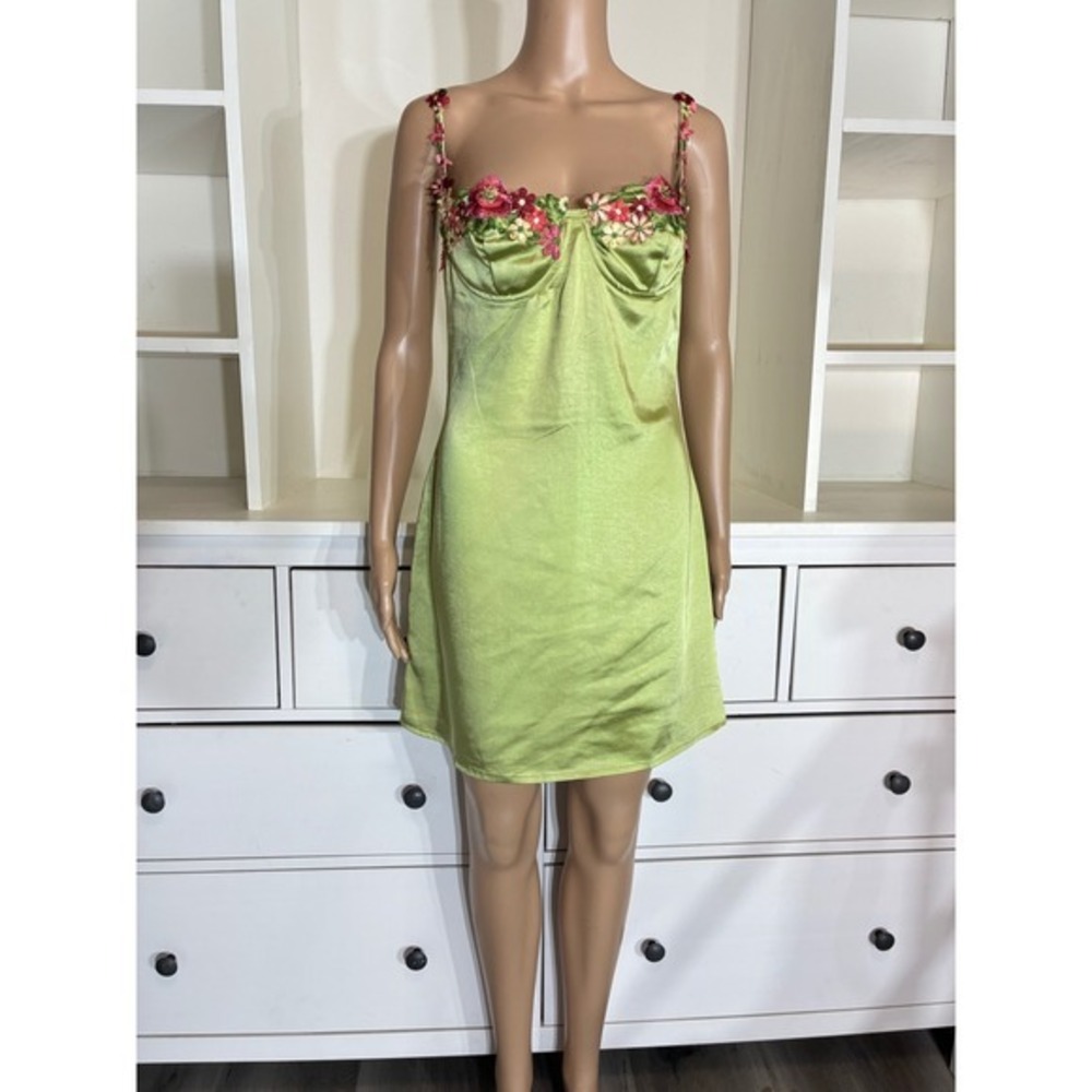 Princess Polly Mini Dress Women Size 6 Green Floral Embroidery Satin Bustier
